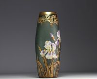 MONTJOYE Verrerie de Saint-Denis - Imposing acid-etched frosted glass vase with enamelled iris decoration, Montjoye mark under the piece.