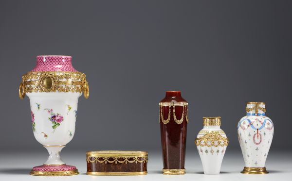 Sèvres - Set of four porcelain vases and a gilt bronze bowl, blue mark.