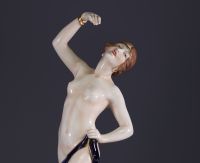 Royal Dux - ‘Young nude dancer surrounded by panthers’ Polychrome porcelain sculpture, mark under the piece.