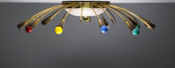 Large glass and brass ‘Spider’ ceiling light in the Stilnovo style, circa 1950.