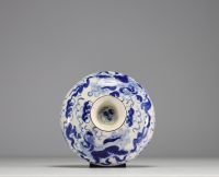 China - White-blue porcelain covered pot with Qilin decoration.