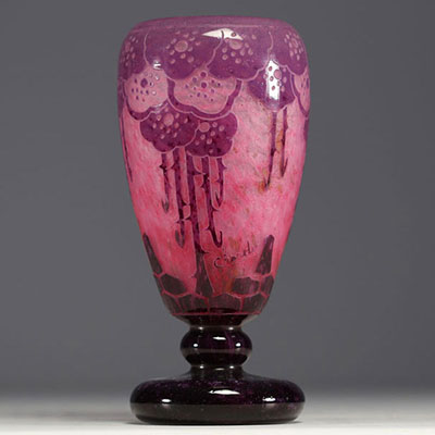 CHARDER Le Verre Français - Acid-etched multi-layered glass vase, rose hip design, signed.