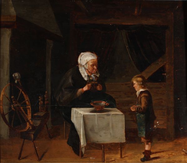 “Oil on panel, 18th century.