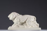 In the style of Auguste LEJAN (XX) Lion, Peugeot model, cracked earthenware proof, 20th century.