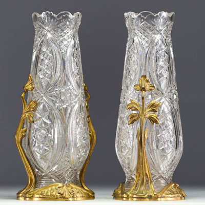 Baccarat - Pair of cut glass vases with gilt bronze mount, Baccarat mark on the mount, circa 1900-1920.