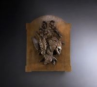 ‘Hare, partridge and woodcock hunting trophy’. Low relief in carved wood, Black Forest, 19th century.