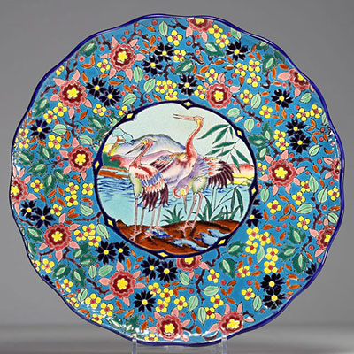 Longwy - Large earthenware dish decorated with apple blossoms and egrets, circa 1930-40.