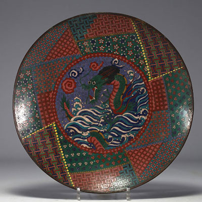 China - Large cloisonné enamel dish with dragon design, 19th century.