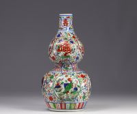 China - Wucai porcelain double gourd vase with carp decoration, Qing period.