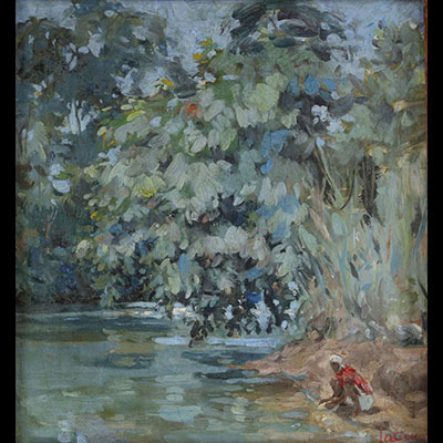 Jacques HANOT dit JACANO (1923-1995) ‘Bord de rivière en Afrique’ Oil on canvas, signed