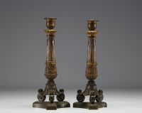 A pair of candlesticks in bronze with a double patina from the Charles X period.