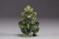 China - Jadeite incense burner, handles and lid decorated with dragons, 20th century.