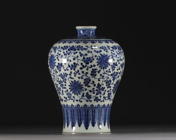 Chine - Vase de forme Meiping bleu blanc à décor floral et feuilles de bananier, période Qing.