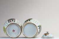 China - Pair of pink family polychrome porcelain vases with antique furniture decoration, 19th century.