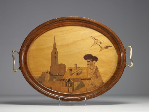 Charles SPINDLER (1865-1938) Service tray in marquetry of different types of wood, signed.