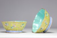 Pair of Famille Rose porcelain bowls decorated with flowers on a yellow background from 19th century