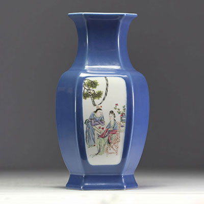 China - Famille rose porcelain vase with a lavender-blue background decorated with a cartouche figure, apocryphal Qianlong mark, Republic period.