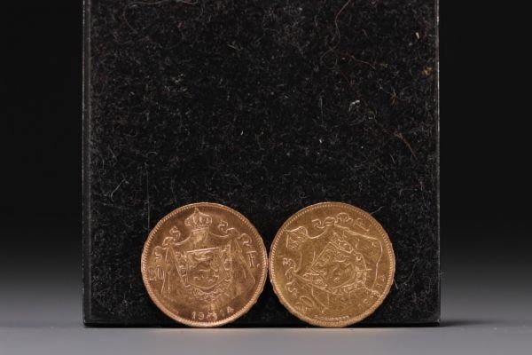 Set of two 20 franc Albert 1er gold coins of 1914.
