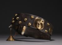 Rare leather and stud dog collar with brass nameplate, 19th century.