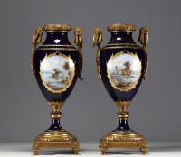 Sèvres - Pair of polychrome porcelain cassolettes with floral decoration, gilt bronze mounts, marks under the pieces.