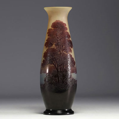 Émile GALLÉ (1846-1904) Large acid-etched multi-layered glass vase with landscape and river design, signed.