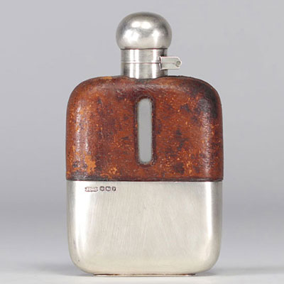 Solid silver and leather Whisky flask by James Dixon & Sons from 1930