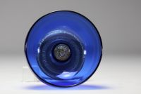 VERSACE - Blue glass bowl with gilded metal base.