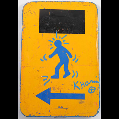 Keith Haring - Traffic Sign Road Sign Highlighted by Handmade Acrylic Paint