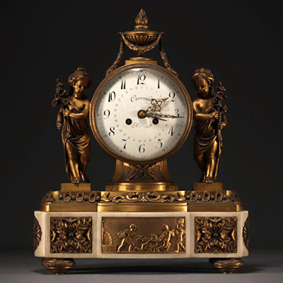 Louis XVI period clock in gilt bronze and white marble, Crosnier movement in Paris.